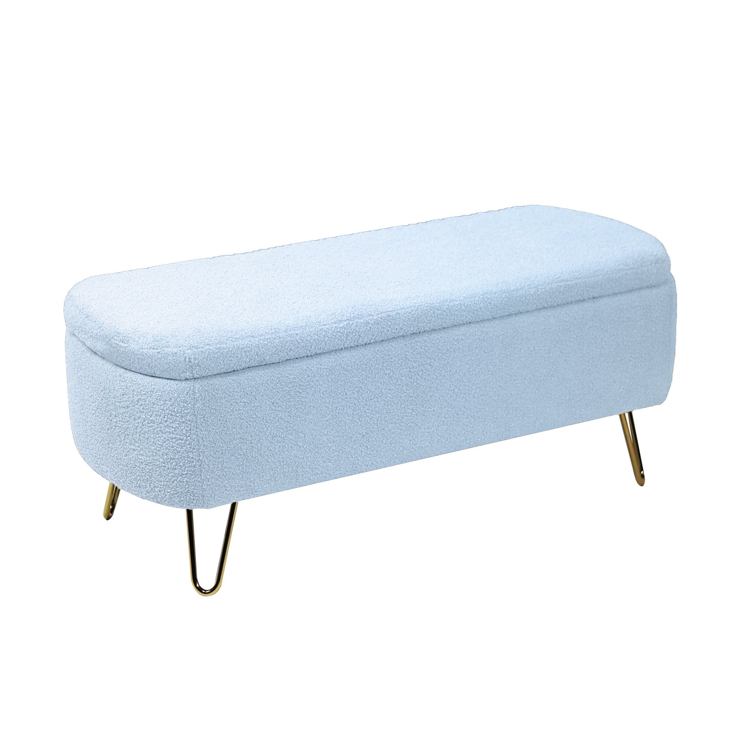 Blue Storage Ottoman Bench for End of Bed Gold Legs, Modern Grey Faux Fur Entryway Bench Upholstered Padded with Storage for Living Room Bedroom