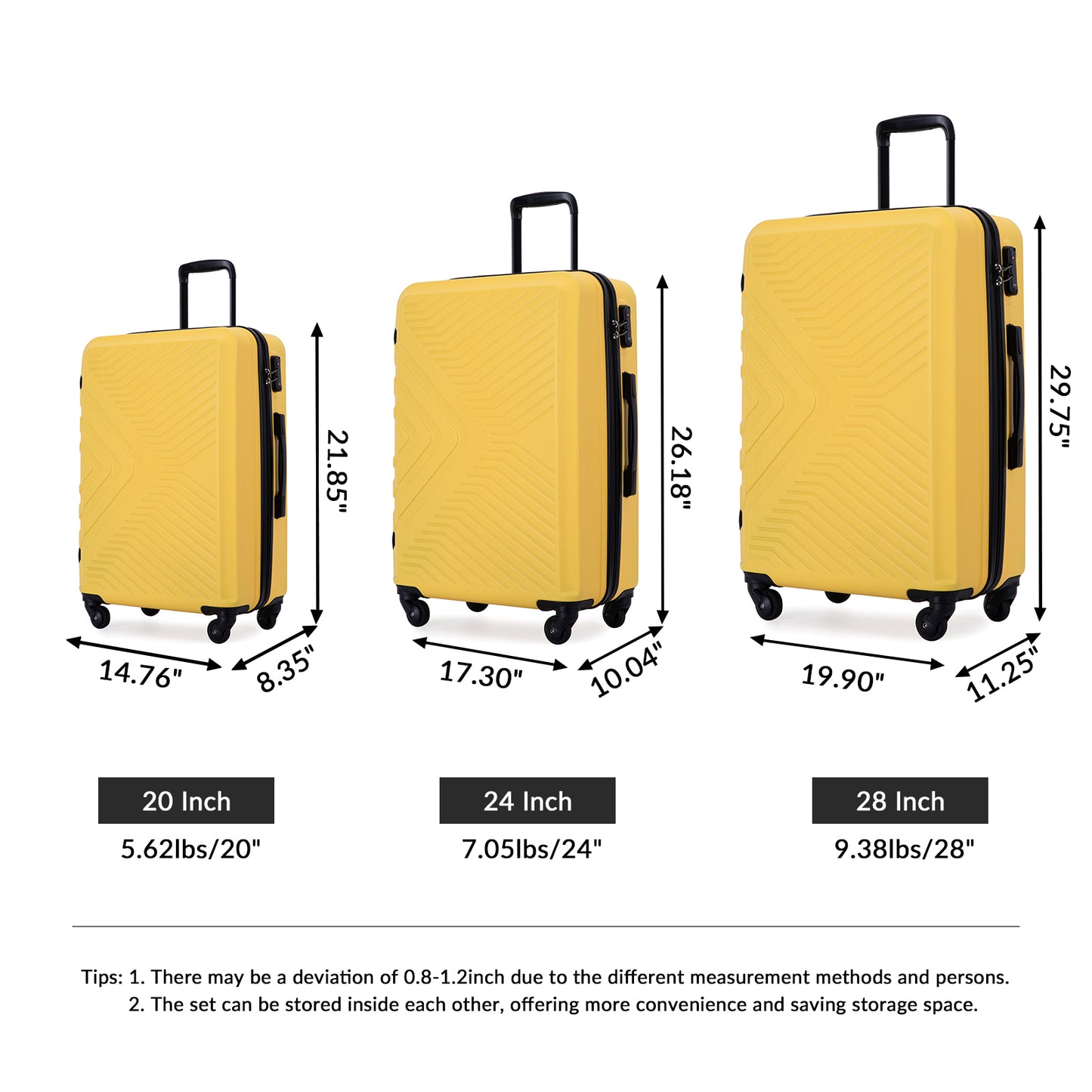 3 Piece Luggage Sets ABS Lightweight Suitcase with Two Hooks, Spinner Wheels, TSA Lock, (20/24/28), Yellow