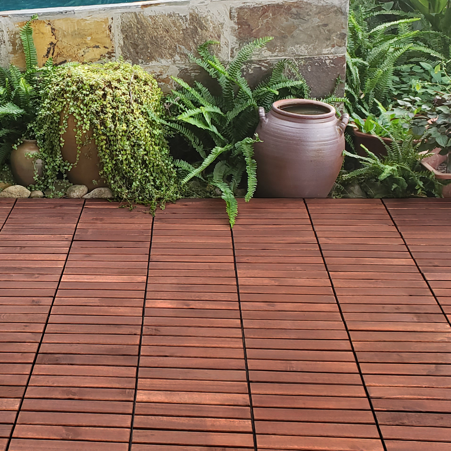 Acacia Wood Interlocking Deck Tiles Striped Pattern, 20 PCS  12" x 12" Square Acacia Hardwood Outdoor Flooring for Patio, Bancony, Pool Side,...