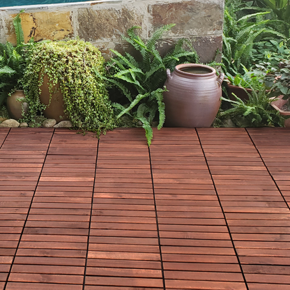 Acacia Wood Interlocking Deck Tiles Striped Pattern, 20 PCS  12" x 12" Square Acacia Hardwood Outdoor Flooring for Patio, Bancony, Pool Side,...