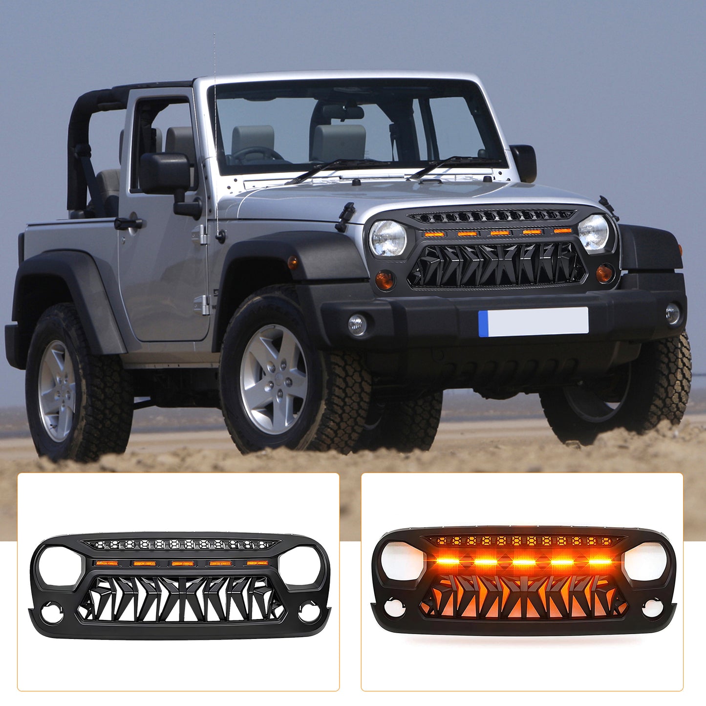 Front Matte Black Shark Grille Replacement Grill For Jeep Wrangler JK 2007-2017 with LED Lights