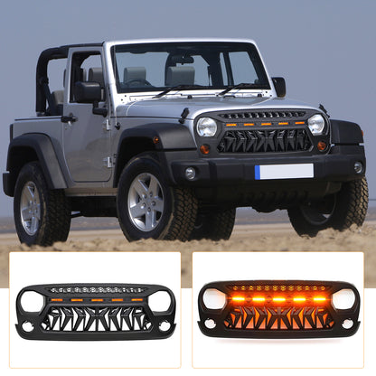 Front Matte Black Shark Grille Replacement Grill For Jeep Wrangler JK 2007-2017 with LED Lights