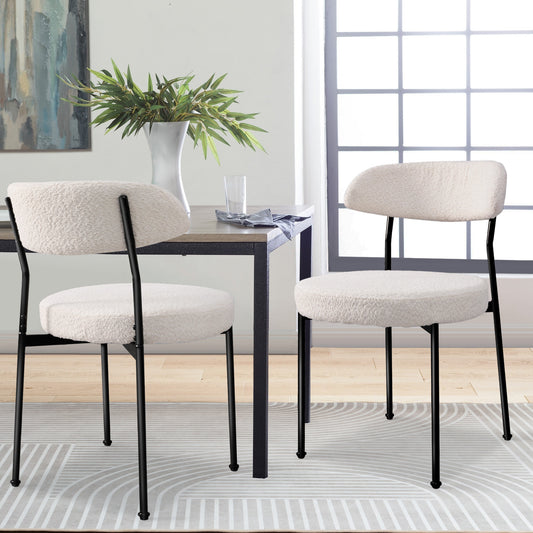 Boucle Upholstered Dining Chairs with Curved Backrest & Metal Legs Set of 2, Beige