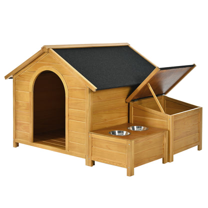 GO 51.18" L x 43.7" W x 37" H Large Size Wooden Dog House, Dog Crate For large dog breeds, Cabin Style Raised Dog Shelter with Asphalt Roof, Solid Wood, Weatherproof, Nature