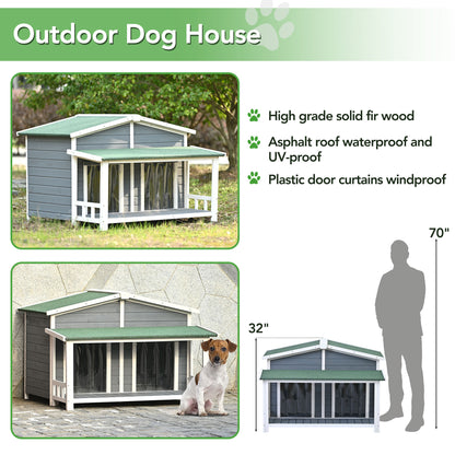 GO 47.2" Large Wooden Dog House Outdoor, Outdoor & Indoor Dog Crate, Cabin Style, With Porch, 2 Doors, Gray And Green