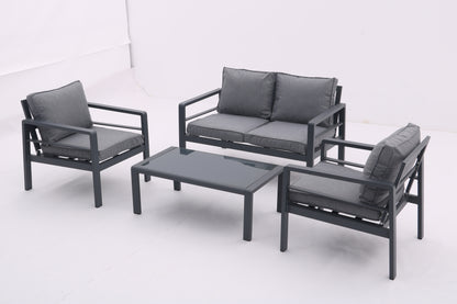 4-piece Aluminum Outdoor Patio Conversation Set,All-Weather Sectional Sofa Outside Furniture with  Removable Cushions and Tempered Glass Coffee Table for Courtyard,Poolside,Deck,Balcony(Grey)