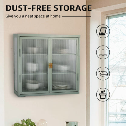 Retro Style Haze Double Glass Door Wall Cabinet With Detachable Shelves for Office, Dining Room,Living Room, Kitchen and Bathroom Mint Green(=OLD ITEM CODE W68751725)