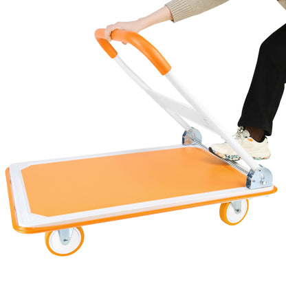 Foldable Push Cart Dolly - 660 Lb. Capacity Heavy Duty Moving Platform Hand Truck - Folding & Rolling White & Orange Flatbed Carts