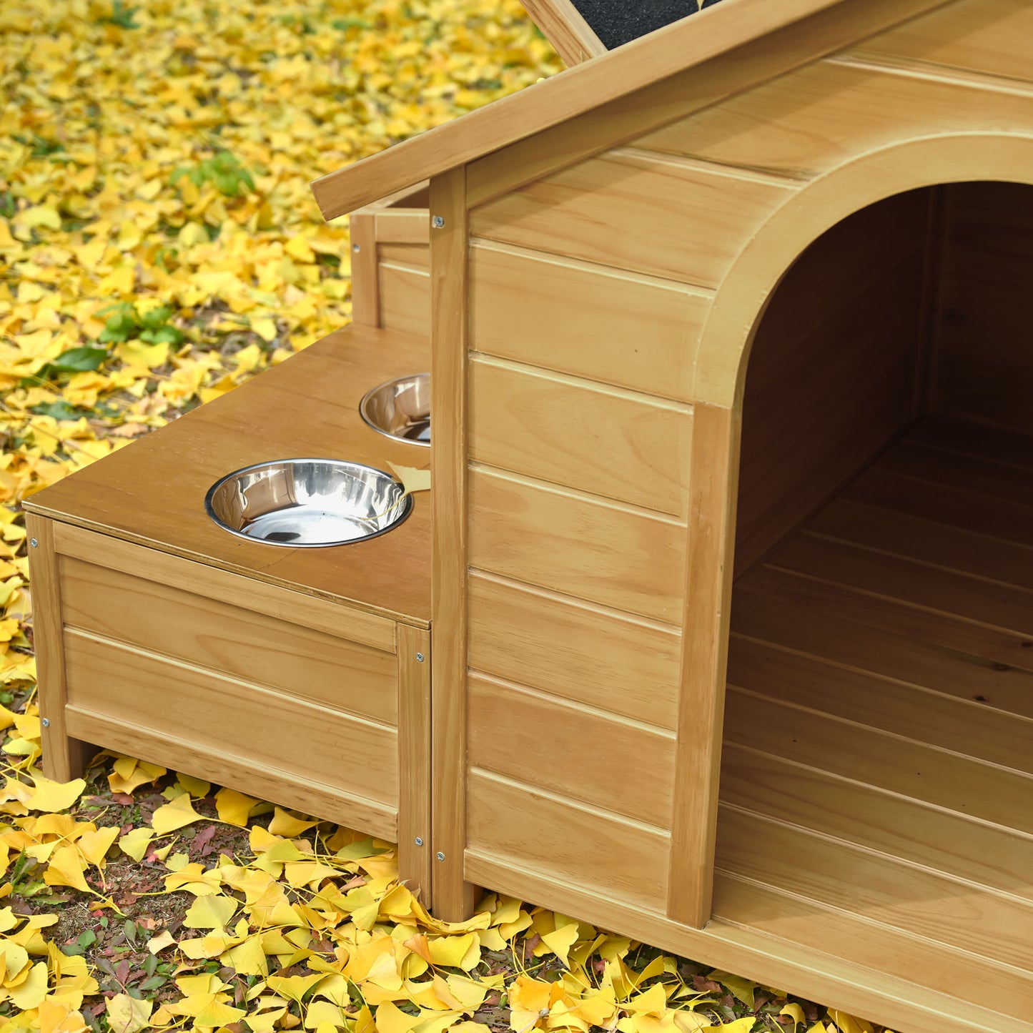 GO 51.18" L x 43.7" W x 37" H Large Size Wooden Dog House, Dog Crate For large dog breeds, Cabin Style Raised Dog Shelter with Asphalt Roof, Solid Wood, Weatherproof, Nature