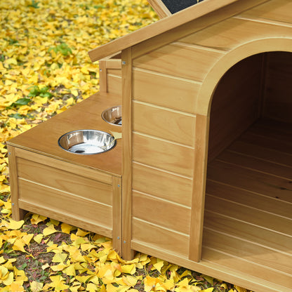 GO 51.18" L x 43.7" W x 37" H Large Size Wooden Dog House, Dog Crate For large dog breeds, Cabin Style Raised Dog Shelter with Asphalt Roof, Solid Wood, Weatherproof, Nature