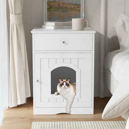 Wooden Pet House Cat Litter Box Enclosure with Drawer, Side Table, Indoor Pet Crate, Cat Home Nightstand (White)