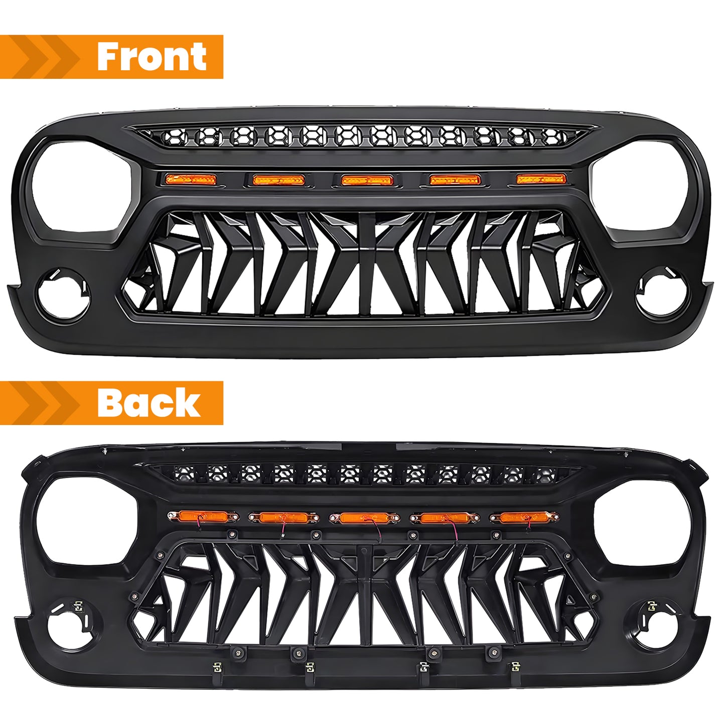 Front Matte Black Shark Grille Replacement Grill For Jeep Wrangler JK 2007-2017 with LED Lights