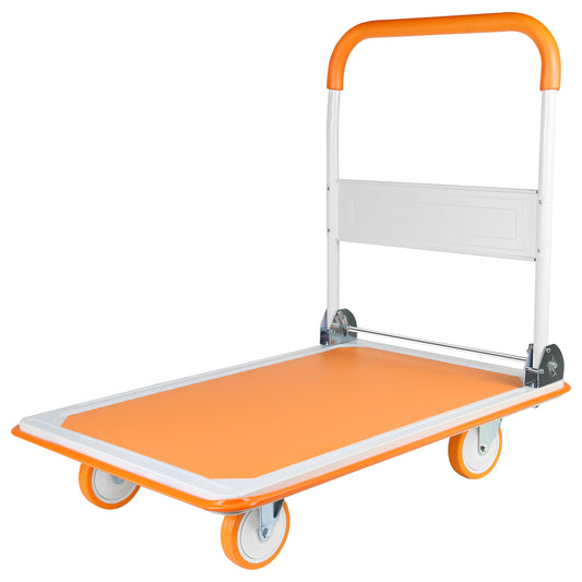 Foldable Push Cart Dolly - 660 Lb. Capacity Heavy Duty Moving Platform Hand Truck - Folding & Rolling White & Orange Flatbed Carts