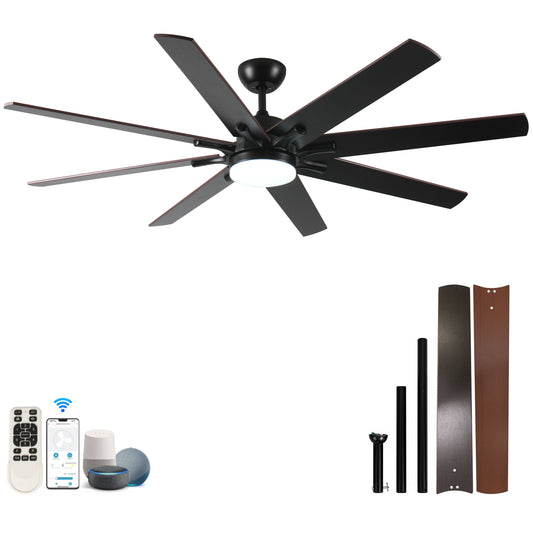 72 inch Large Ceiling Fans with Lights and Remote, Indoor/Outdoor Black Modern Ceiling Fan for Kitchen Living Room Patio, 6 Speed Reversible Quiet DC Motor, Dual Finish 8 Blades