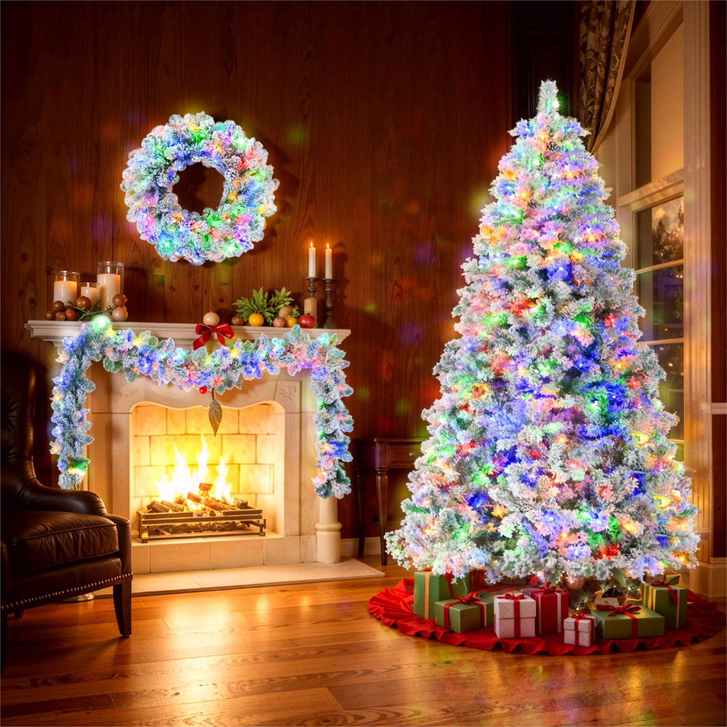 6FT Snow Flocked Christmas Tree, Pre-Lit Set with Tree & Garland & Wreath, Artificial Hinged Xmas Tree with Colorful LED Lights, 8 Lighting Modes, Pine Cones, Holiday Décor for Home