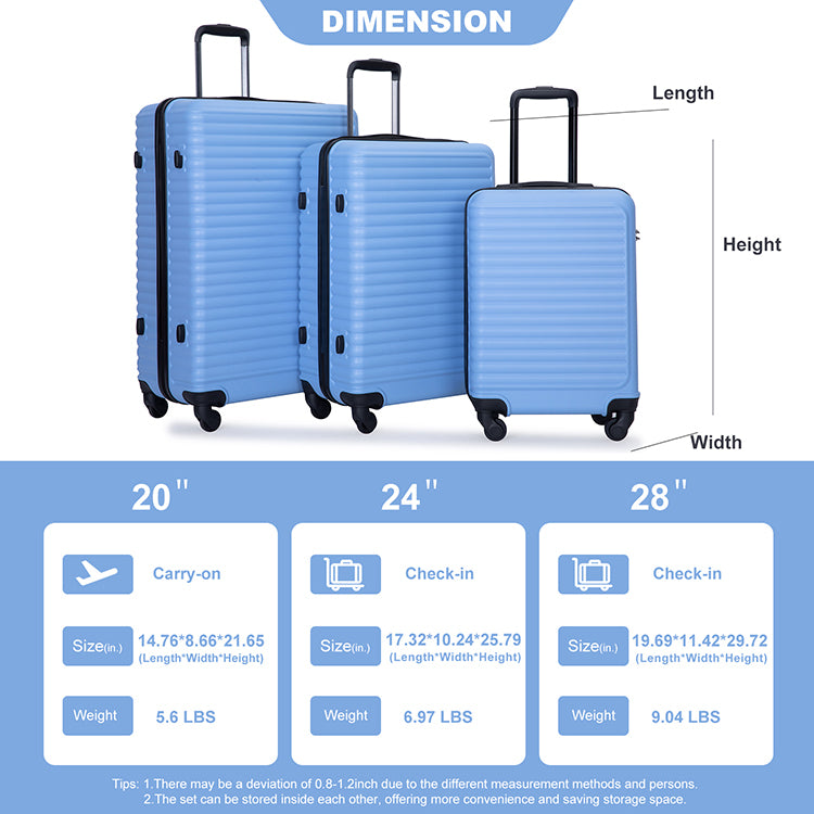 3 Piece Luggage Sets ABS Lightweight Suitcase with Two Hooks, Spinner Wheels, TSA Lock, (20/24/28) LIGHT BLUE