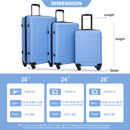 3 Piece Luggage Sets ABS Lightweight Suitcase with Two Hooks, Spinner Wheels, TSA Lock, (20/24/28) LIGHT BLUE