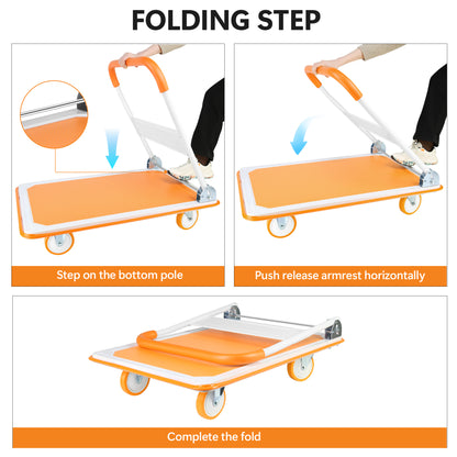 Foldable Push Cart Dolly - 660 Lb. Capacity Heavy Duty Moving Platform Hand Truck - Folding & Rolling White & Orange Flatbed Carts