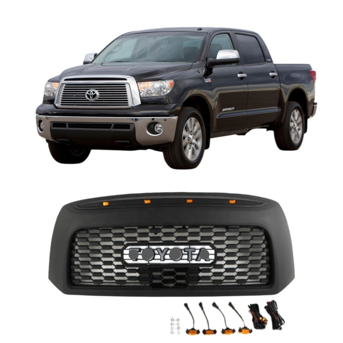 Front Gril For 2007-2013  Toyota Tundra TRD Pro Grill With  Lights and Letters Matte Black