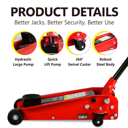 Hydraulic trolley Low Profile and Steel Racing Floor Jack with Piston Quick Lift Pump,3Ton (6,000 lb) Capacity, Lifting range 5.1"-20"