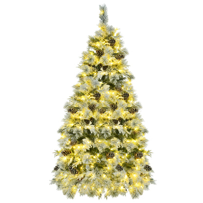 6FT Pre-Lit Spruce Snow Flocked Christmas Tree with Pine Cones, Artificial Xmas Tree with 403 Branch Tips,Mixed PE & PVC Branches, 250 Multi-Color LED Lights, 11 Flashing Modes, Holiday Décor