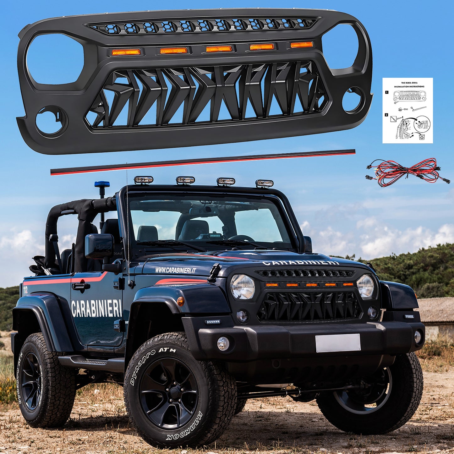 Front Matte Black Shark Grille Replacement Grill For Jeep Wrangler JK 2007-2017 with LED Lights