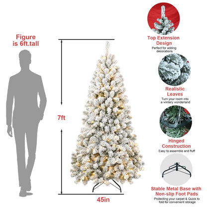 7FT Pre-lit Flocked Christmas Tree with 1,064 Memory Wire Tips – Effortlessly Fluffed, Perfectly Shaped, and Lit with 400 Warm  Incandescent Lights Bringing Lasting Elegance and Wase to Your Holiday