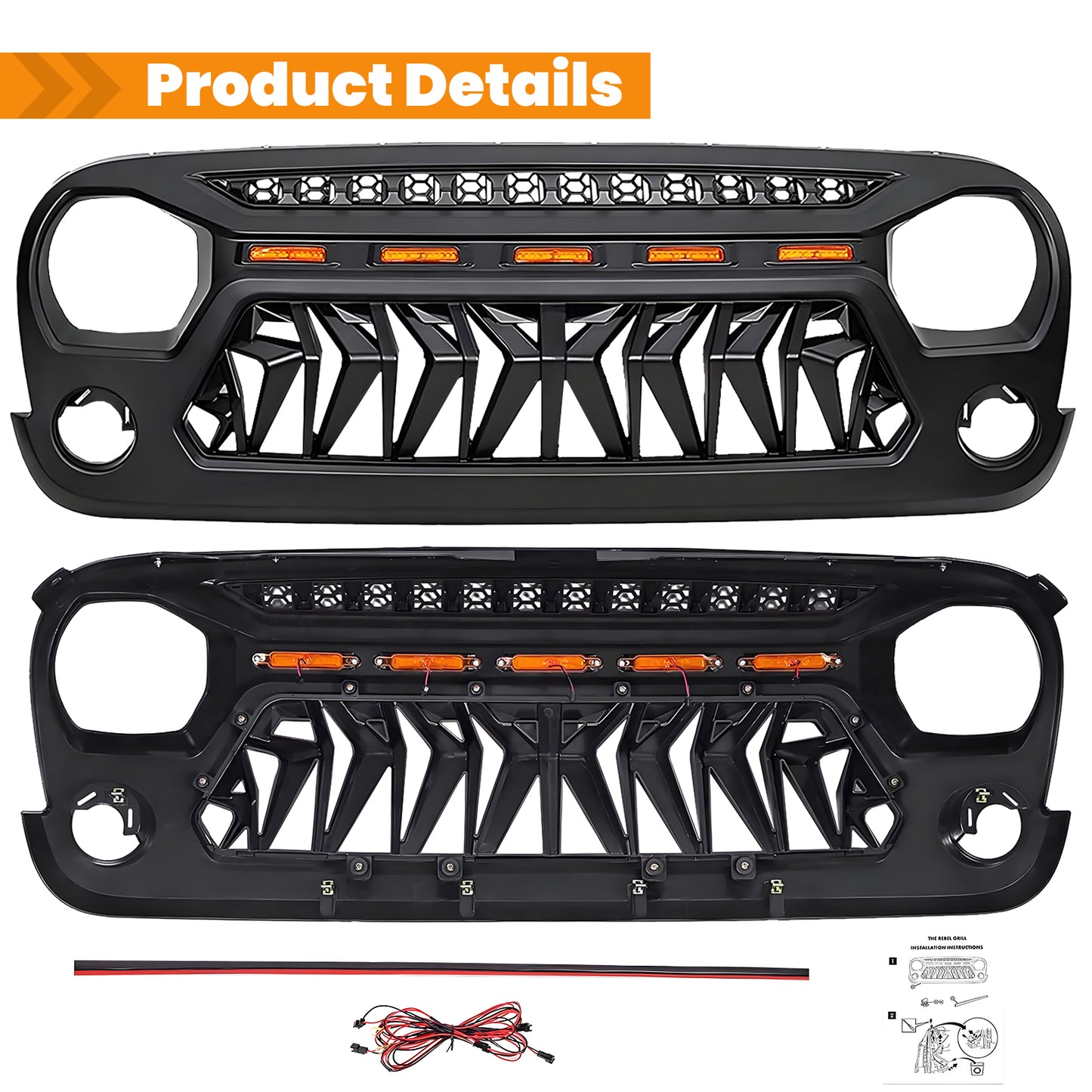 Front Matte Black Shark Grille Replacement Grill For Jeep Wrangler JK 2007-2017 with LED Lights