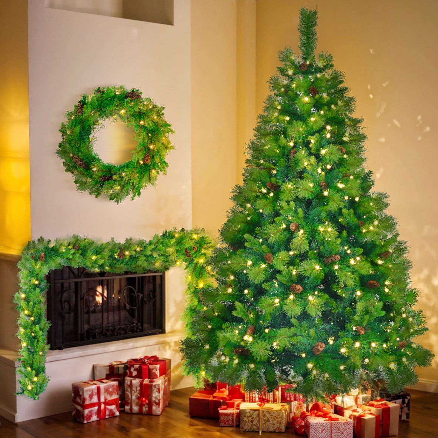 6FT Grass Green Christmas Tree, Large Branches Pine Tree, Pre-Lit Set with Tree & Garland & Wreath, Artificial Christmas with Pine Cones, Hinged Xmas Tree , for Holiday Party Ofiice Home