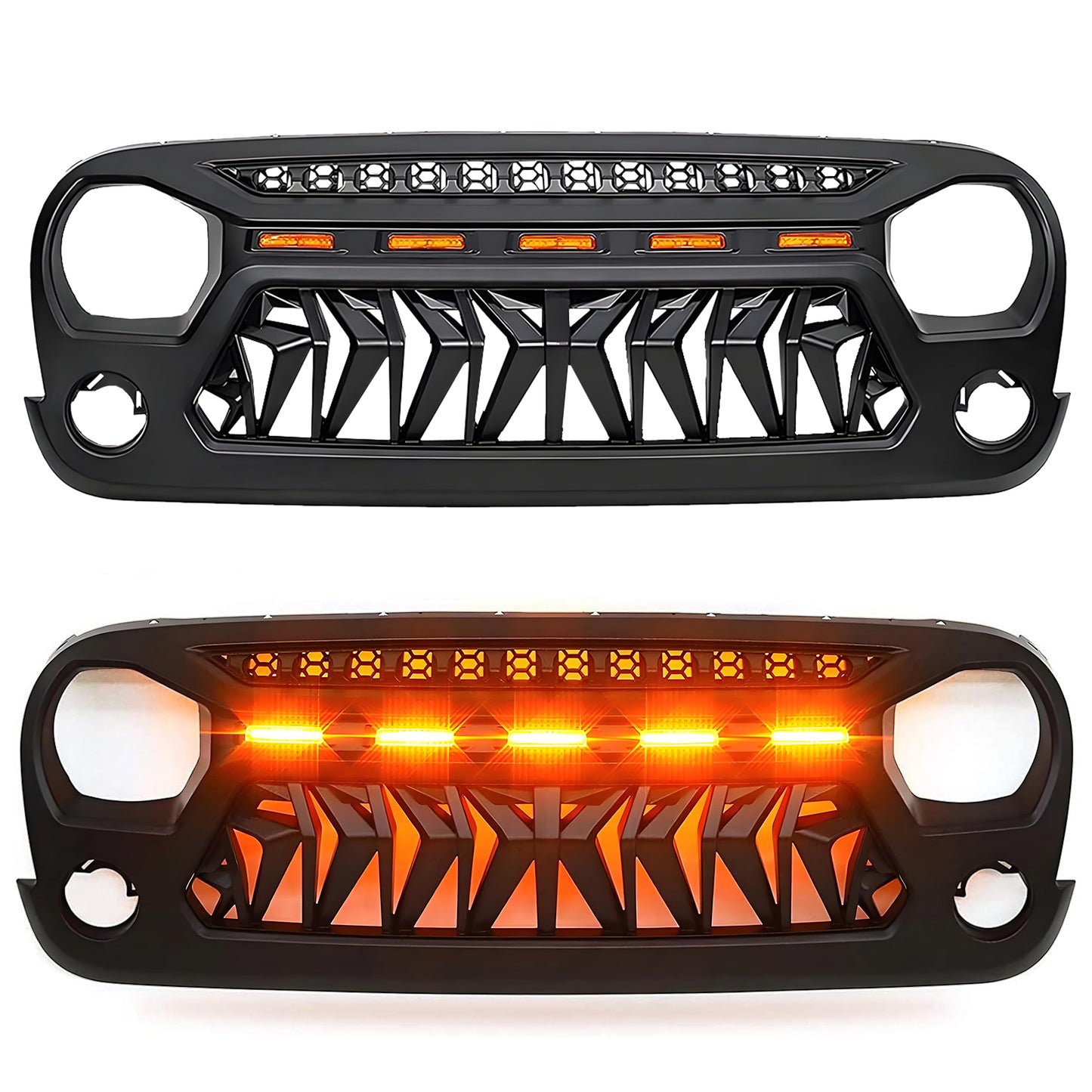 Front Matte Black Shark Grille Replacement Grill For Jeep Wrangler JK 2007-2017 with LED Lights