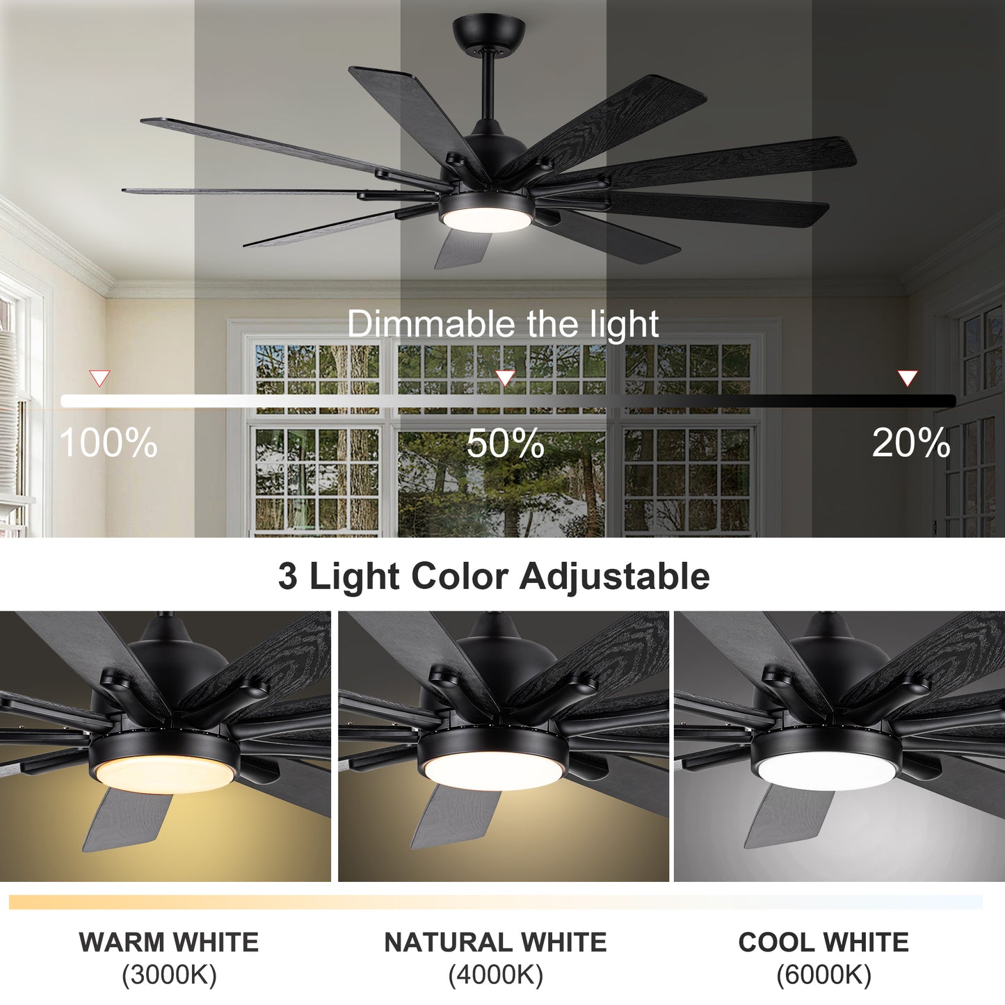 Mordern Farmhouse 62 In Black Ceiling Fan with Smart App and Remote Control