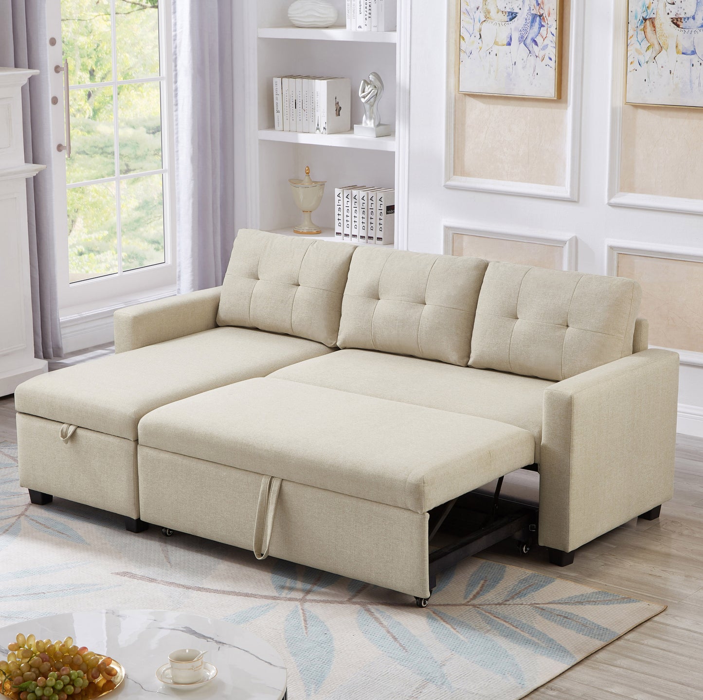 Upholstered Pull Out Sectional Sofa with Storage Chaise, Convertible Corner Couch, Beige