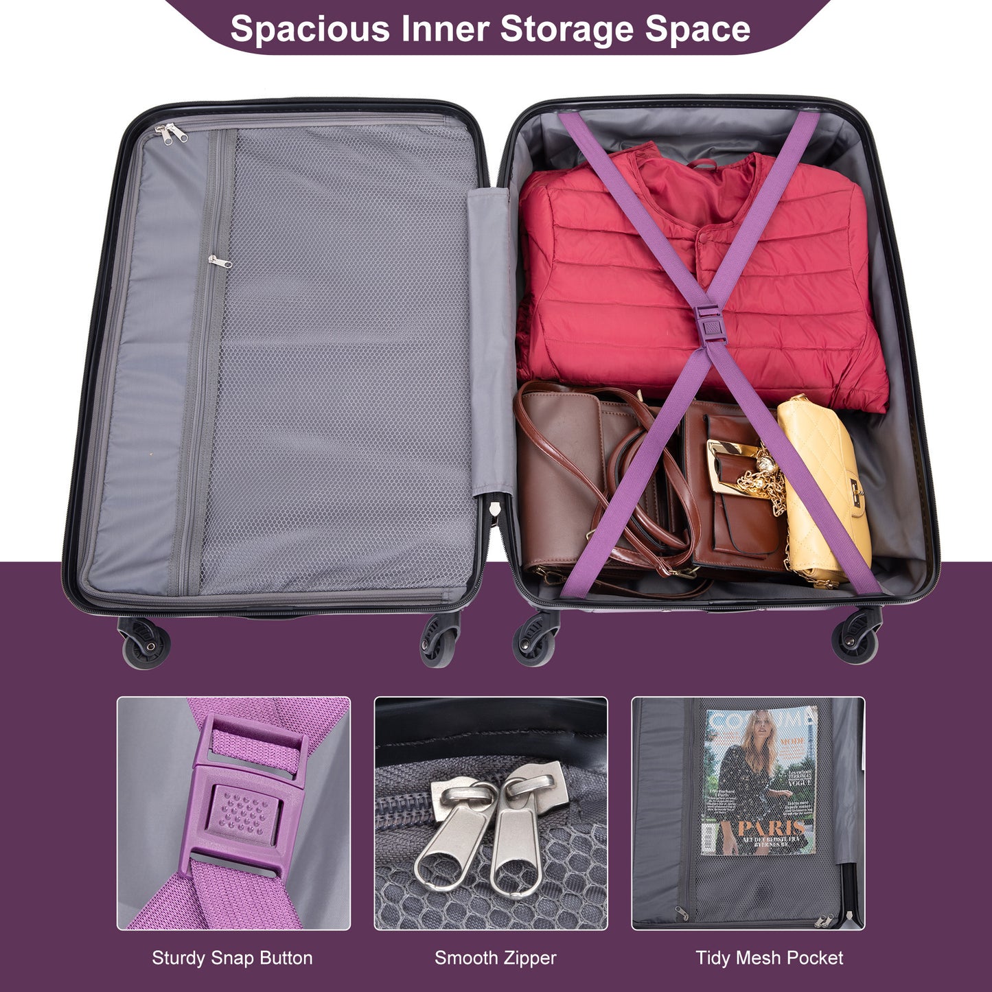 Expandable 3 Piece Luggage Sets PC Lightweight & Durable Suitcase with Two Hooks, Spinner Wheels, TSA Lock, (21/25/29) Dark Purple