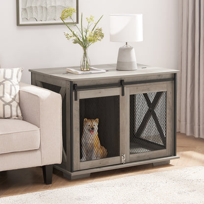 Farmhouse Dog Cage Crate Furniture with Sliding Barn Door,  Farmhouse Wooden Dog Kennel End Table with Flip-top Plate Dog House with Detachable Divider for Small/Medium/Large Dog Gray