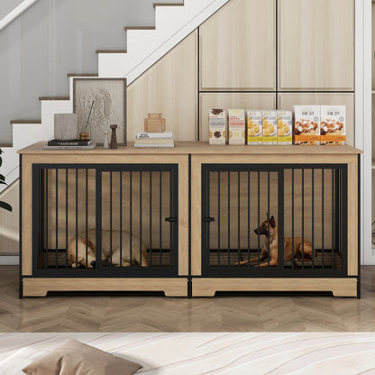 Dog Crate Furniture with Two Combined Room, XL Large Double Dog Cage Furniture with Tray for Medium Large Dogs, Wooden Dog Kennel Furniture