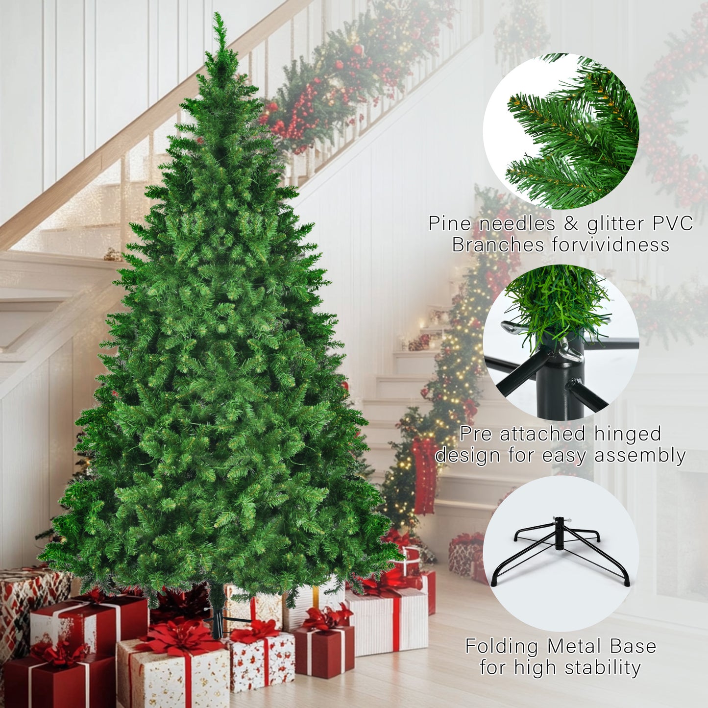 8FT, 6FT, 4FT Pre-Lit Green Pine Artificial Christmas Tree, Set of 3 Hinged Xmas Trees with 820 Warm-Yellow LED Lights and 2539 Branch Tips, Holiday Decoration for Home,Office and Party