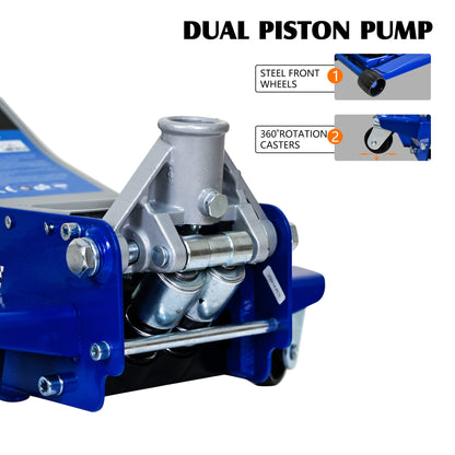 Low-Position Steel Vehicle Floor-mounted Hydraulic Jack with Dual-piston Quick-lift Pump, 3-Ton(6600 lb.) Capacity.