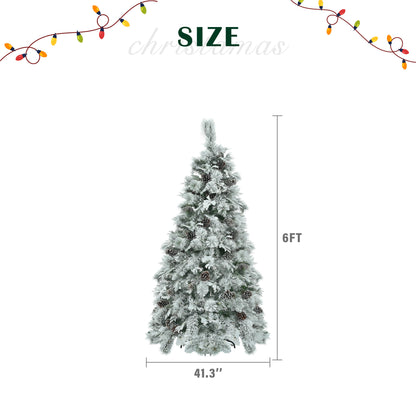 6FT Pre-Lit Spruce Snow Flocked Christmas Tree with Pine Cones, Artificial Xmas Tree with 403 Branch Tips,Mixed PE & PVC Branches, 250 Multi-Color LED Lights, 11 Flashing Modes, Holiday Décor