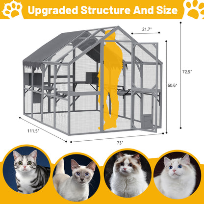 Outdoor Cat House Cat Enclosures 110" Large Kitten Playpen with Platforms,Upgrade Waterproof Cover-grey