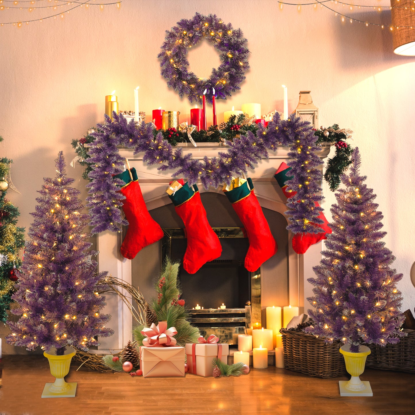 Pre-lit Christmas Artificial Tree 4-Piece Set, Garland, Wreath and Set of 2 Entrance Trees, X-mas with LED Lights, PVC Festival Celebration Set, Purple