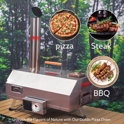 Stainless Steel Pizza Oven Outdoor 12" Automatic Rotatable Pizza Ovens,Portable Wood Fired Pizza Oven Pizza Maker with Timer, Built-in Thermometer,Pizza Cutter & Carry Bag