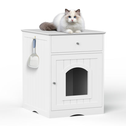 Wooden Pet House Cat Litter Box Enclosure with Drawer, Side Table, Indoor Pet Crate, Cat Home Nightstand (White)