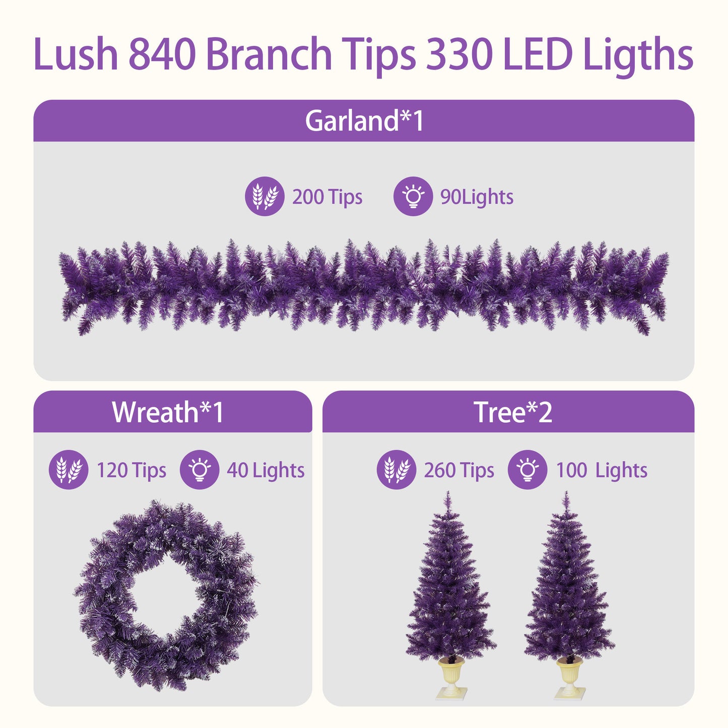 Pre-lit Christmas Artificial Tree 4-Piece Set, Garland, Wreath and Set of 2 Entrance Trees, X-mas with LED Lights, PVC Festival Celebration Set, Purple