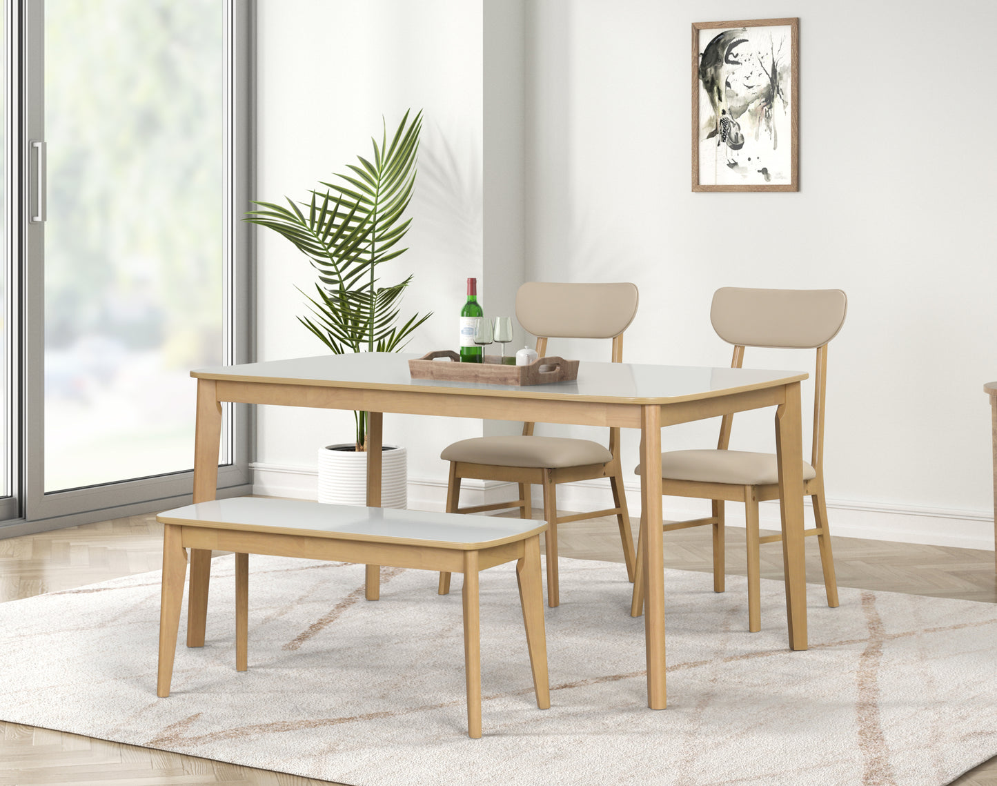 6-piece Dining Table Set, One Table One Bench and Four Chairs, High Gloss White Tabletop With Light Oak Color